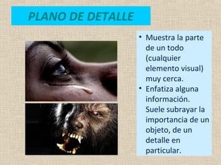 PLANO DE DETALLE
• Muestra la parte
de un todo
(cualquier
elemento visual)
muy cerca.
• Enfatiza alguna
información.
Suele subrayar la
importancia de un
objeto, de un
detalle en
particular.
 