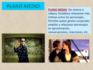 PLANO MEDIO: De cintura a
cabeza. Establece relaciones más
intimas entre los personajes.
Permite captar gestos corporales
amplios y relacionar personajes
en aproximación,
conversaciones, reacciones, etc.
PLANO MEDIO
 