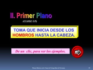 Planos Básicos en la Toma de Fotografías de Personas13II. Primer Plano(CLOSE UP)TOMA QUE INICIA DESDE LOS HOMBROS HASTA LA CABEZA.De un  clic, para ver los ejemplos.