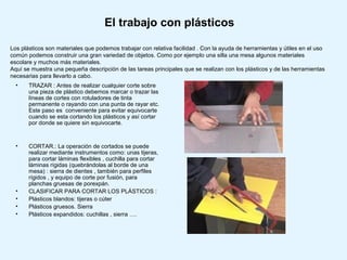 El trabajo con plásticos

Los plásticos son materiales que podemos trabajar con relativa facilidad . Con la ayuda de herramientas y útiles en el uso
común podemos construir una gran variedad de objetos. Como por ejemplo una silla una mesa algunos materiales
escolare y muchos más materiales.
Aquí se muestra una pequeña descripción de las tareas principales que se realizan con los plásticos y de las herramientas
necesarias para llevarlo a cabo.
  •    TRAZAR : Antes de realizar cualquier corte sobre
       una pieza de plástico debemos marcar o trazar las
       líneas de cortes con rotuladores de tinta
       permanente o rayando con una punta de rayar etc.
       Este paso es conveniente para evitar equivocarte
       cuando se esta cortando los plásticos y así cortar
       por donde se quiere sin equivocarte.



  •    CORTAR.: La operación de cortados se puede
       realizar mediante instrumentos como: unas tijeras,
       para cortar láminas flexibles , cuchilla para cortar
       láminas rígidas (quebrándolas al borde de una
       mesa) : sierra de dientes , también para perfiles
       rígidos , y equipo de corte por fusión, para
       planchas gruesas de porexpán.
  •    CLASIFICAR PARA CORTAR LOS PLÁSTICOS :
  •    Plásticos blandos: tijeras o cúter
  •    Plásticos gruesos. Sierra
  •    Plásticos expandidos: cuchillas , sierra ….
 