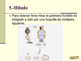 5.-Hilado
 Para obtener finos hilos el polímero fundido es
obligado a salir por una boquilla de múltiples
agujeros.
 