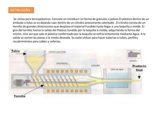 EXTRUSIÓN

  Se utiliza para termoplásticos. Consiste en introducir en forma de gránulos o polvos El plástico dentro de un
 embudo o tolva se va dejando caer dentro de un cilindro previamente calentado . El cilindro consta de un
 tornillo de grandes dimensiones que desplaza el material Fundido hasta llegar a una boquilla o molde. El
 giro del tornillo fuerza la salida del Plástico fundido por la boquilla o molde, adquiriendo la forma del
 mismo. Una vez que sale el plástico conformado por la boquilla se enfría lentamente mediante Agua. A la
 salida se cortan las piezas a la media deseada. Se suele utilizar para hacer tuberías o tubos, perfiles,
 recubrimientos para cables y cañerías.
 