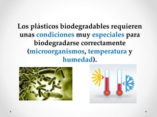 Los plásticos biodegradables requieren
unas condiciones muy especiales para
biodegradarse correctamente
(microorganismos, temperatura y
humedad).
 