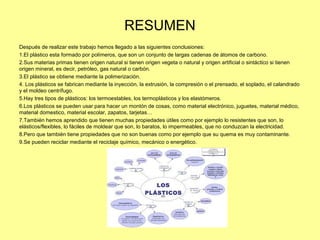 RESUMEN
Después de realizar este trabajo hemos llegado a las siguientes conclusiones:
1.El plástico esta formado por polímeros, que son un conjunto de largas cadenas de átomos de carbono.
2.Sus materias primas tienen origen natural si tienen origen vegeta o natural y origen artificial o sintáctico si tienen
origen mineral, es decir, petróleo, gas natural o carbón.
3.El plástico se obtiene mediante la polimerización.
4. Los plásticos se fabrican mediante la inyección, la extrusión, la compresión o el prensado, el soplado, el calandrado
y el moldeo centrífugo.
5.Hay tres tipos de plásticos: los termoestables, los termoplásticos y los elastómeros.
6.Los plásticos se pueden usar para hacer un montón de cosas, como material electrónico, juguetes, material médico,
material domestico, material escolar, zapatos, tarjetas…
7.También hemos aprendido que tienen muchas propiedades útiles como por ejemplo lo resistentes que son, lo
elásticos/flexibles, lo fáciles de moldear que son, lo baratos, lo impermeables, que no conduzcan la electricidad.
8.Pero que también tiene propiedades que no son buenas como por ejemplo que su quema es muy contaminante.
9.Se pueden reciclar mediante el reciclaje químico, mecánico o energético.
 