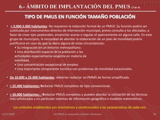 6.- ÁMBITO DE IMPLANTACIÓN DEL PMUS (3 de 4)
                TIPO DE PMUS EN FUNCIÓN TAMAÑO POBLACIÓN
   • < 3.000-5.000 habitantes: No requieren la redacción formal de un PMUS. Su función podría ser
     sustituida por instrumentos directos de intervención municipal, previa consulta a los afectados, a
     favor de crear ejes peatonales, ensanchar aceras o regular el aparcamiento en alguna calle. En este
     grupo de municipios, la necesidad de abordar la elaboración de un plan de movilidad podría
     justificarse en caso de que se diera alguna de estas circunstancias:
         • Su integración en un entorno metropolitano.
         • Una distribución espacial de la población y las
         actividades especialmente exigente en materia de
         movilidad.
         • Una concentración excepcional de empleo.
         • Una importante componente turística con problemas de movilidad estacionales.

   • De 10.000 a 25.000 habitantes: deberían redactar un PMMS de forma simplificada.

   • > 25.000 habitantes: Redactar PMUS completos de tipo convencional.

   • > 50.000 habitantes: : Redactar PMUS completos y pueden abordar la utilización de las técnicas
     más sofisticadas y en particular sistemas de información geográfica o modelos matemáticos.

         Los umbrales establecidos son orientativos y condicionados a las características de cada uno.
12/11/2009                           Los PMUS en pequeñas ciudades. Almassora                              39
 