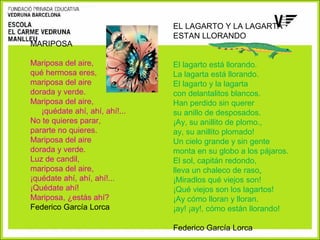 MARIPOSA
Mariposa del aire,
qué hermosa eres,
mariposa del aire
dorada y verde.
Mariposa del aire,
¡quédate ahí, ahí, ahí!...
No te quieres parar,
pararte no quieres.
Mariposa del aire
dorada y verde.
Luz de candil,
mariposa del aire,
¡quédate ahí, ahí, ahí!...
¡Quédate ahí!
Mariposa, ¿estás ahí?
Federico García Lorca

EL LAGARTO Y LA LAGARTA
ESTAN LLORANDO
El lagarto está llorando.
La lagarta está llorando.
El lagarto y la lagarta
con delantalitos blancos.
Han perdido sin querer
su anillo de desposados.
¡Ay, su anillito de plomo.,
ay, su anillito plomado!
Un cielo grande y sin gente
monta en su globo a los pájaros.
El sol, capitán redondo,
lleva un chaleco de raso.
¡Miradlos qué viejos son!
¡Qué viejos son los lagartos!
¡Ay cómo lloran y lloran.
¡ay! ¡ay!, cómo están llorando!
Federico García Lorca

 
