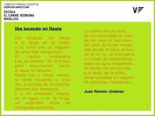 Iba tocando mi flauta
Iba
tocando
mi
flauta
a lo largo de la orilla;
y la orilla era un reguero
de amarillas margaritas.
El
campo
cristaleaba
tras el temblor de la brisa;
para
escucharme
mejor
el agua se detenía.
Notas van y notas vienen,
la tarde fragante y lírica
iba, a compás de mi música,
dorando sus fantasías,
y a mi alrededor volaba,
en el agua y en la brisa,
un enjambre doble de
mariposas amarillas.

La ladera era de miel,
de oro encendido la viña,
de oro vago el raso leve
del jaral de flores níveas;
allá donde el claro arroyo
da en el río, se entreabría
un ocaso de esplendores
sobre el agua vespertina...
Mi flauta con sol lloraba
a lo largo de la orilla;
atrás quedaba un reguero
de amarillas margaritas...
Juan Ramón Jiménez

 