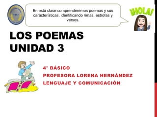 LOS POEMAS
UNIDAD 3
4° BÁSICO
PROFESORA LORENA HERNÁNDEZ
LENGUAJE Y COMUNICACIÓN
En esta clase comprenderemos poemas y sus
características, identificando rimas, estrofas y
versos.
 