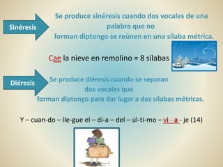 Se produce sinéresis cuando dos vocales de una
palabra que no
forman diptongo se reúnen en una sílaba métrica.
Cae la nieve en remolino = 8 sílabas
Se produce diéresis cuando se separan
dos vocales que
forman diptongo para dar lugar a dos sílabas métricas.
Y – cuan-do – lle-gue el – dí-a – del – úl-ti-mo – vi - a - je (14)
Sinéresis
Diéresis
 