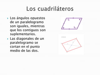 



Los ángulos opuestos
de un paralelogramo
son iguales, mientras
que los contiguos son
suplementarios.
Las diagonales ...
