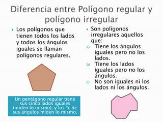 

Los polígonos que
tienen todos los lados
y todos los ángulos
iguales se llaman
polígonos regulares.

Un pentágono regul...