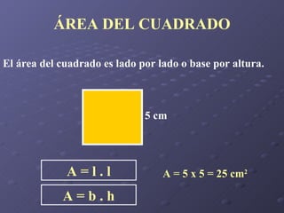 ÁREA DEL CUADRADO El área del cuadrado es lado por lado o base por altura. 5 cm A = 5 x 5 = 25 cm 2 A = b . h A = l . l 