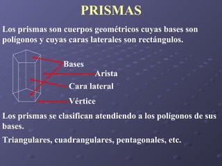 PRISMAS Los prismas son cuerpos geométricos cuyas bases son polígonos y cuyas caras laterales son rectángulos. Los prismas se clasifican atendiendo a los polígonos de sus bases. Triangulares, cuadrangulares, pentagonales, etc. Bases Cara lateral Vértice Arista 