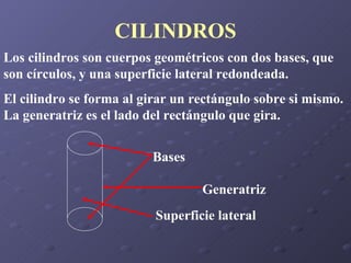 CILINDROS Los cilindros son cuerpos geométricos con dos bases, que son círculos, y una superficie lateral redondeada. El cilindro se forma al girar un rectángulo sobre si mismo. La generatriz es el lado del rectángulo que gira. Bases Superficie lateral Generatriz 