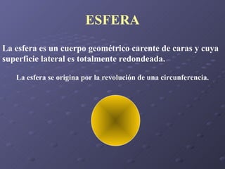 ESFERA La esfera es un cuerpo geométrico carente de caras y cuya superficie lateral es totalmente redondeada. La esfera se origina por la revolución de una circunferencia. 