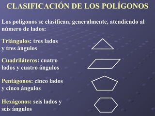 CLASIFICACIÓN DE LOS POLÍGONOS Los polígonos se clasifican, generalmente, atendiendo al número de lados: Triángulos : tres lados y tres ángulos Cuadriláteros : cuatro lados y cuatro ángulos Pentágonos:  cinco lados y cinco ángulos Hexágonos:  seis lados y seis ángulos 