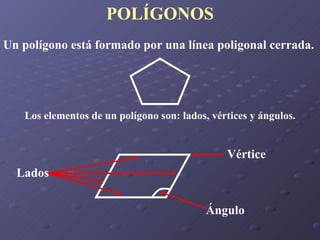 POLÍGONOS Un polígono está formado por una línea poligonal cerrada. Los elementos de un polígono son: lados, vértices y ángulos. Lados Vértice Ángulo 