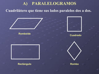 A)  PARALELOGRAMOS Cuadrilátero que tiene sus lados paralelos dos a dos. Romboide Cuadrado Rectángulo Rombo 