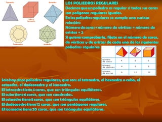 LOS POLIEDROS REGULARES Decimos que un poliedro es regular si todas sus caras son polígonos regulares iguales. En los poliedros regulares se cumple una curiosa relación: Número de caras + número de vértices = número de aristas + 2 Si quieres comprobarla, fíjate en el número de caras, de vértices y de aristas de cada uno de los siguientes poliedros regulares:  Solo hay cinco poliedros regulares, que son: el tetraedro, el hexaedro o cubo, el octaedro, el dodecaedro y el icosaedro. El  tetraedro  tiene 4 caras, que son triángulos equiláteros. El  cubo  tiene 6 caras, que son cuadrados. El  octaedro  tiene 8 caras, que son triángulos equiláteros. El  dodecaedro  tiene 12 caras, que son pentágonos regulares. El  icosaedro  tiene 20 caras, que son triángulos equiláteros. 