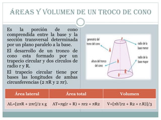 Áreas y volumen de un Troco de cono
Es la porción de cono
comprendida entre la base y la
sección transversal determinada
por un plano paralelo a la base.
El desarrollo de un tronco de
cono esta formado por un
trapecio circular y dos círculos de
radio r y R.
El trapecio circular tiene por
bases las longitudes de ambas
circunferencias (2 πR y 2 πr).
Área lateral Área total Volumen
AL=[2πR + 2πr]/2 x g AT=πg(r + R) + πr2 + πR2 V=[πh’(r2 + R2 + r.R)]/3
 