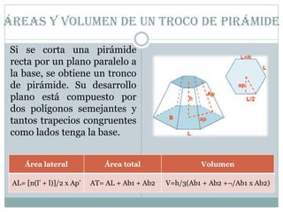 Áreas y volumen de un Troco de pirámide
Si se corta una pirámide
recta por un plano paralelo a
la base, se obtiene un tronco
de pirámide. Su desarrollo
plano está compuesto por
dos polígonos semejantes y
tantos trapecios congruentes
como lados tenga la base.
Área lateral Área total Volumen
AL= [n(l’ + l)]/2 x Ap’ AT= AL + Ab1 + Ab2 V=h/3(Ab1 + Ab2 +¬/Ab1 x Ab2)
 