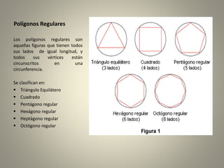 Polígonos Regulares 
Los polígonos regulares son 
aquellas figuras que tienen todos 
sus lados de igual longitud, y 
todos sus vértices están 
circunscritos en una 
circunferencia. 
Se clasifican en: 
 Triángulo Equilátero 
 Cuadrado 
 Pentágono regular 
 Hexágono regular 
 Heptágono regular 
 Octógono regular 
 