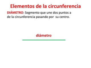 Elementos de la circunferencia
diámetro
DIÁMETRO: Segmento que une dos puntos a
de la circunferencia pasando por su centro.
 