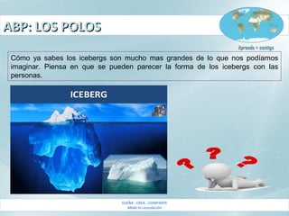 ABP: LOS POLOSABP: LOS POLOS
SUEÑA - CREA - COMPARTE
Made in consolación
Aprendo + contigoAprendo + contigo
Cómo ya sabes los icebergs son mucho mas grandes de lo que nos podíamos
imaginar. Piensa en que se pueden parecer la forma de los icebergs con las
personas.
 
