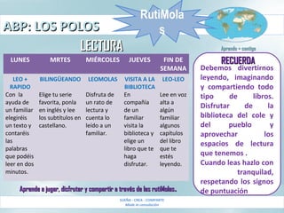 ABP: LOS POLOSABP: LOS POLOS
SUEÑA - CREA - COMPARTE
Made in consolación
Aprendo + contigoAprendo + contigo
LUNES MRTES MIÉRCOLES JUEVES FIN DE
SEMANA
LEO +
RAPIDO
Con la
ayuda de
un familiar
elegiréis
un texto y
contaréis
las
palabras
que podéis
leer en dos
minutos.
BILINGÜEANDO
Elige tu serie
favorita, ponla
en inglés y lee
los subtítulos en
castellano.
LEOMOLAS
Disfruta de
un rato de
lectura y
cuenta lo
leído a un
familiar.
VISITA A LA
BIBLIOTECA
En
compañía
de un
familiar
visita la
biblioteca y
elige un
libro que te
haga
disfrutar.
LEO-LEO
Lee en voz
alta a
algún
familiar
algunos
capítulos
del libro
que te
estés
leyendo.
Aprende a jugar, disfrutar y compartir a través de las rutiMolasAprende a jugar, disfrutar y compartir a través de las rutiMolas..
Debemos divertirnos
leyendo, imaginando
y compartiendo todo
tipo de libros.
Disfrutar de la
biblioteca del cole y
del pueblo y
aprovechar los
espacios de lectura
que tenemos .
Cuando leas hazlo con
tranquilad,
respetando los signos
de puntuación
RECUERDARECUERDA
LECTURALECTURA
RutiMola
s
 