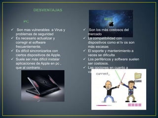  Son mas vulnerables a Virus y     Son los más costosos del
  problemas de seguridad             mercado
 Es necesario actualizar y         La compatibilidad con
  corregir el software               dispositivos como el tv os son
  frecuentemente.                    más escasas
 Es difícil sincronizarlos con     El soporte y mantenimiento a
  ciertos dispositivos de Apple.     veces se dificulta
 Suele ser más difícil instalar    Los periféricos y software suelen
  aplicaciones de Apple en pc ,      ser costosos.
  que al contrario .                Las opciones en cuanto a
                                     variedad y diseño son limitadas.
 