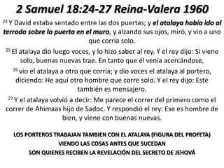 2 Samuel 18:24-27 Reina-Valera 1960
24 Y

David estaba sentado entre las dos puertas; y el atalaya había ido al
terrado sobre la puerta en el muro, y alzando sus ojos, miró, y vio a uno
que corría solo.
25 El atalaya dio luego voces, y lo hizo saber al rey. Y el rey dijo: Si viene
solo, buenas nuevas trae. En tanto que él venía acercándose,
26 vio el atalaya a otro que corría; y dio voces el atalaya al portero,
diciendo: He aquí otro hombre que corre solo. Y el rey dijo: Este
también es mensajero.
27 Y el atalaya volvió a decir: Me parece el correr del primero como el
correr de Ahimaas hijo de Sadoc. Y respondió el rey: Ese es hombre de
bien, y viene con buenas nuevas.
LOS PORTEROS TRABAJAN TAMBIEN CON EL ATALAYA (FIGURA DEL PROFETA)
VIENDO LAS COSAS ANTES QUE SUCEDAN
SON QUIENES RECIBEN LA REVELACIÓN DEL SECRETO DE JEHOVÁ

 
