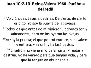 Juan 10:7-10 Reina-Valera 1960 Parábola
del redil
7

Volvió, pues, Jesús a decirles: De cierto, de cierto
os digo: Yo soy la puerta de las ovejas.
8 Todos los que antes de mí vinieron, ladrones son y
salteadores; pero no los oyeron las ovejas.
9 Yo soy la puerta; el que por mí entrare, será salvo;
y entrará, y saldrá, y hallará pastos.
10 El ladrón no viene sino para hurtar y matar y
destruir; yo he venido para que tengan vida, y para
que la tengan en abundancia.

 