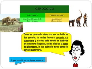Como les comentaba niños esta era se dividio en dos periodos, las cuales fueron el  terciario y el cuaternario  y a su vez cada periodo se subdivide en un numero de épocas, una de ellas fue  la epoca del pleistoceno,  la cual cubrió la mayor parte del periodo cuaternario. Y que sucedió en esa época maestra? CUATERNARIO TERCIARIO Aparición del  Homo Sapiens Gran diversificación de la flora y la fauna CENOZOICO 