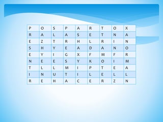 P O S P A R T O X
R A L A S E T N A
E Z T R H L R I N
S H Y E A D A N O
E Y I G X F M F R
N E E S Y K O I M
T L L M I P T E A
I N U T I L E L L
R E H A C E R Z N
 