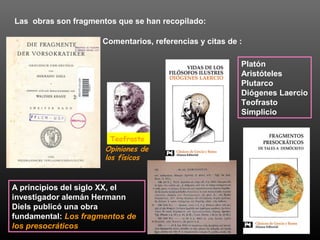 Las obras son fragmentos que se han recopilado: 
Comentarios, referencias y citas de : 
Teofrasto 
Opiniones de 
los físicos 
A principios del siglo XX, el 
investigador alemán Hermann 
Diels publicó una obra 
fundamental: Los fragmentos de 
los presocráticos 
Platón 
Aristóteles 
Plutarco 
Diógenes Laercio 
Teofrasto 
Simplicio 
 