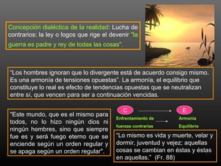 Concepción dialéctica de la realidad: Lucha de 
contrarios: la ley o logos que rige el devenir "la 
guerra es padre y rey de todas las cosas". 
“Los hombres ignoran que lo divergente está de acuerdo consigo mismo. 
Es una armonía de tensiones opuestas”. La armonía, el equilibrio que 
constituye lo real es efecto de tendencias opuestas que se neutralizan 
entre sí, que vencen para ser a continuación vencidas. 
"Este mundo, que es el mismo para 
todos, no lo hizo ningún dios ni 
ningún hombres, sino que siempre 
fue es y será fuego eterno que se 
enciende según un orden regular y 
se apaga según un orden regular". 
C E 
Enfrentamiento de 
fuerzas contrarias 
Armonía 
Equilibrio 
“Lo mismo es vida y muerte, velar y 
dormir, juventud y vejez; aquellas 
cosas se cambian en éstas y éstas 
en aquellas.” (Fr. 88) 
 