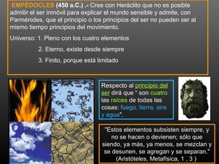 EMPÉDOCLES (450 a.C.) .- Cree con Heráclito que no es posible 
admitir el ser inmóvil para explicar el mundo sensible y admite, con 
Parménides, que el principio o los principios del ser no pueden ser al 
mismo tiempo principios del movimiento. 
Universo: 1. Pleno con los cuatro elementos 
2. Eterno, existe desde siempre 
3. Finito, porque está limitado 
Respecto al principio del 
ser dirá que “ son cuatro 
las raíces de todas las 
cosas: fuego, tierra, aire 
y agua". 
"Estos elementos subsisten siempre, y 
no se hacen o devienen; sólo que 
siendo, ya más, ya menos, se mezclan y 
se desunen, se agregan y se separan." 
(Aristóteles, Metafísica, 1 , 3 ) 
 