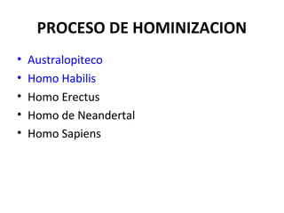 PROCESO DE HOMINIZACION
• Australopiteco
• Homo Habilis
• Homo Erectus
• Homo de Neandertal
• Homo Sapiens
 