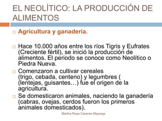 EL NEOLÍTICO: LA PRODUCCIÓN DE
ALIMENTOS
   Agricultura y ganadería.

   Hace 10.000 años entre los ríos Tigris y Eufrates
    (Creciente fértil), se inició la producción de
    alimentos. El periodo se conoce como Neolítico o
    Piedra Nueva.
   Comenzaron a cultivar cereales
    (trigo, cebada, centeno) y legumbres (
    (lentejas, guisantes…) fue el origen de la
    agricultura.
   Se domesticaron animales, naciendo la ganadería
    (cabras, ovejas, cerdos fueron los primeros
    animales domesticados).
                   Martha Rosa Cáceres Mayorga
 