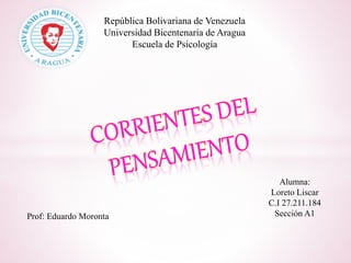 República Bolivariana de Venezuela
Universidad Bicentenaria de Aragua
Escuela de Psicología
Alumna:
Loreto Liscar
C.I 27.211.184
Sección A1Prof: Eduardo Moronta
 