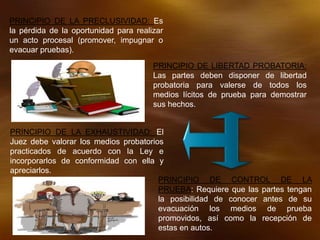 PRINCIPIO DE LA PRECLUSIVIDAD: Es
la pérdida de la oportunidad para realizar
un acto procesal (promover, impugnar o
evacuar pruebas).
PRINCIPIO DE LIBERTAD PROBATORIA:
Las partes deben disponer de libertad
probatoria para valerse de todos los
medios lícitos de prueba para demostrar
sus hechos.
PRINCIPIO DE LA EXHAUSTIVIDAD: El
Juez debe valorar los medios probatorios
practicados de acuerdo con la Ley e
incorporarlos de conformidad con ella y
apreciarlos.
PRINCIPIO DE CONTROL DE LA
PRUEBA: Requiere que las partes tengan
la posibilidad de conocer antes de su
evacuación los medios de prueba
promovidos, así como la recepción de
estas en autos.
 