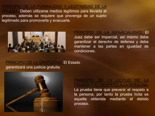 PRINCIPIO DE LA FORMALIDAD Y LEGITIMIDAD DE LA
PRUEBA: Deben utilizarse medios legítimos para llevarla al
proceso, además se requiere que provenga de un sujeto
legitimado para promoverla y evacuarla.
PRINCIPIO DE LA IMPARCIALIDAD: El
Juez debe ser imparcial, así mismo debe
garantizar el derecho de defensa y debe
mantener a las partes en igualdad de
condiciones.
PRINCIPIO DE LA GRATUIDAD: El Estado
garantizará una justicia gratuita.
PRINCIPIO DE LA LICITUD DE LA
PRUEBA Y EL RESPETO A LA PERSONA:
La prueba tiene que prevenir el respeto a
la persona, por tanto la prueba lícita es
aquella obtenida mediante el debido
proceso.
 