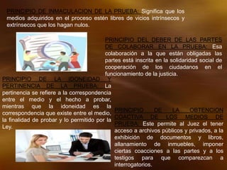 PRINCIPIO DE INMACULACION DE LA PRUEBA: Significa que los
medios adquiridos en el proceso estén libres de vicios intrínsecos y
extrínsecos que los hagan nulos.
PRINCIPIO DEL DEBER DE LAS PARTES
DE COLABORAR EN LA PRUEBA: Esa
colaboración a la que están obligadas las
partes está inscrita en la solidaridad social de
cooperación de los ciudadanos en el
funcionamiento de la justicia.
PRINCIPIO DE LA IDONEIDAD Y
PERTINENCIA DE LA PRUEBA: La
pertinencia se refiere a la correspondencia
entre el medio y el hecho a probar,
mientras que la idoneidad es la
correspondencia que existe entre el medio,
la finalidad de probar y lo permitido por la
Ley.
PRINCIPIO DE LA OBTENCION
COACTIVA DE LOS MEDIOS DE
PRUEBA: Este permite al Juez el tener
acceso a archivos públicos y privados, a la
exhibición de documentos y libros,
allanamiento de inmuebles, imponer
ciertas coacciones a las partes y a los
testigos para que comparezcan a
interrogatorios.
 