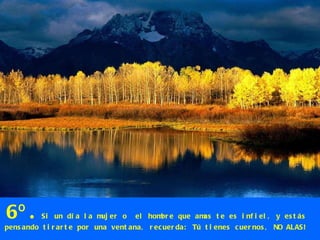 6º. Si un día la mujer o  el hombre que amas te es infiel, y estás pensando tirarte por una ventana, recuerda: Tú tienes cuernos, NO ALAS! 