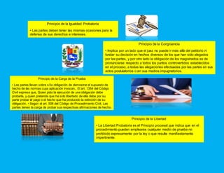 Principio de la Igualdad Probatoria
• Las partes deben tener las mismas ocasiones para la
defensa de sus derechos e intereses.
Principio de la Congruencia
• Implica por un lado que el juez no puede ir más allá del petitorio ni
fundar su decisión en hechos diversos de los que han sido alegados
por las partes, y por otro lado la obligación de los magistrados es de
pronunciarse respecto a todos los puntos controvertidos establecidos
en el proceso, a todas las alegaciones efectuadas por las partes en sus
actos postulatorios o en sus medios impugnatorios.
Principio de la Carga de la Prueba
• Las partes llevan sobre sí la obligación de demostrar el supuesto de
hecho de las normas cuya aplicación invocan., El art. 1354 del Código
Civil expresa que, Quien pida la ejecución de una obligación debe
probarla, y quien pretenda que ha sido libertado de ella debe por su
parte probar el pago o el hecho que ha producido la extinción de su
obligación. • Según el art. 506 del Código de Procedimiento Civil, Las
partes tienen la carga de probar sus respectivas afirmaciones de hecho.
Principio de la Libertad
• La Libertad Probatoria es el Principio procesal que indica que en el
procedimiento pueden emplearse cualquier medio de prueba no
prohibido expresamente por la ley o que resulte manifiestamente
impertinente.
 