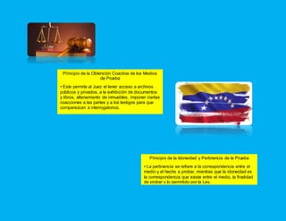 Principio de la Obtención Coactiva de los Medios
de Prueba
• Este permite al Juez el tener acceso a archivos
públicos y privados, a la exhibición de documentos
y libros, allanamiento de inmuebles, imponer ciertas
coacciones a las partes y a los testigos para que
comparezcan a interrogatorios.
Principio de la Idoneidad y Pertinencia de la Prueba
• La pertinencia se refiere a la correspondencia entre el
medio y el hecho a probar, mientras que la idoneidad es
la correspondencia que existe entre el medio, la finalidad
de probar y lo permitido por la Ley.
 