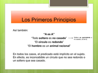 Los Primeros Principios
Así también:
“A es A”
“Todo soltero es no casado”
“El círculo es redondo”
“El hombre es un animal racional”
En todos los casos, el predicado está implícito en el sujeto.
En efecto, es inconcebible un círculo que no sea redondo o
un soltero que sea casado.
Soltero es equivalente a
no casado. (A es A)
 