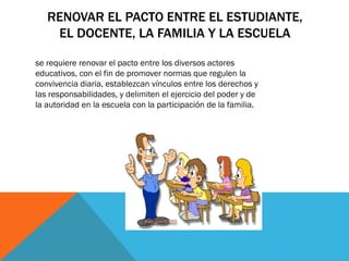 RENOVAR EL PACTO ENTRE EL ESTUDIANTE,
EL DOCENTE, LA FAMILIA Y LA ESCUELA
se requiere renovar el pacto entre los diversos actores
educativos, con el fin de promover normas que regulen la
convivencia diaria, establezcan vínculos entre los derechos y
las responsabilidades, y delimiten el ejercicio del poder y de
la autoridad en la escuela con la participación de la familia.

 
