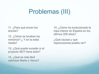 Problemas (III)
11. ¿Para qué sirven los
drones?
12. ¿Cómo se lavaban los
romanos? ¿ Y en la edad
media?
13. ¿Qué puede suceder si el
proyecto SETI tiene éxito?
14. ¿Qué es más fácil
colonizar Marte o Venus?
15. ¿Cómo ha evolucionado la
ropa interior en España en los
últimos 200 años?
¿Qué causas y qué
repercusiones podéis ver?
 