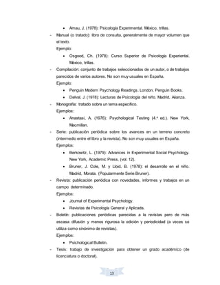 13
 Amau, J. (1978): Psicología Experimental. México, trillas.
- Manual (o tratado): libro de consulta, generalmente de mayor volumen que
el texto.
Ejemplo:
 Osgood, Ch. (1978): Curso Superior de Psicología Experiental.
México, trillas.
- Compilación: conjunto de trabajos seleccionados de un autor, o de trabajos
parecidos de varios autores. No son muy usuales en España.
Ejemplo:
 Penguin Modern Psychology Readings. London, Penguin Books.
 Delval, J. (1978): Lecturas de Psicología del niño. Madrid, Alianza.
- Monografía: tratado sobre un tema específico.
Ejemplos:
 Anastasi, A. (1976): Psychological Testing (4.a
ed.). New York,
Macmillan.
- Serie: publicación periódica sobre los avances en un terreno concreto
(intermedio entre el libro y la revista). No son muy usuales en España.
Ejemplos:
 Berkowitz, L. (1979): Advances in Experimental Social Psychology.
New York, Academic Press. (vol. 12).
 Bruner, J. Cole, M. y Lloid, B. (1978): el desarrollo en el niño.
Madrid, Morata. (Popularmente Serie Bruner).
- Revista: publicación periódica con novedades, informes y trabajos en un
campo determinado.
Ejemplos:
 Journal of Experimental Psychology.
 Revistas de Psicología General y Aplicada.
- Boletín: publicaciones periódicas parecidas a la revistas pero de más
escasa difusión y menos rigurosa la edición y periodicidad (a veces se
utiliza como sinónimo de revistas).
Ejemplos:
 Psichological Bulletin.
- Tesis: trabajo de investigación para obtener un grado académico (de
licenciatura o doctoral).
 